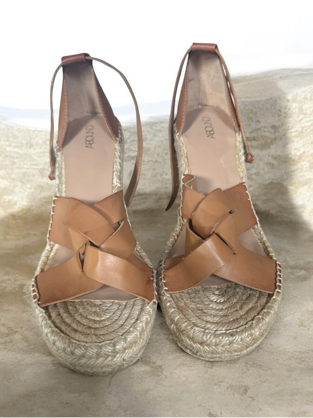 Abound Tan Braided Leather Espadrille Wedge Sandals with Ankle Tie
